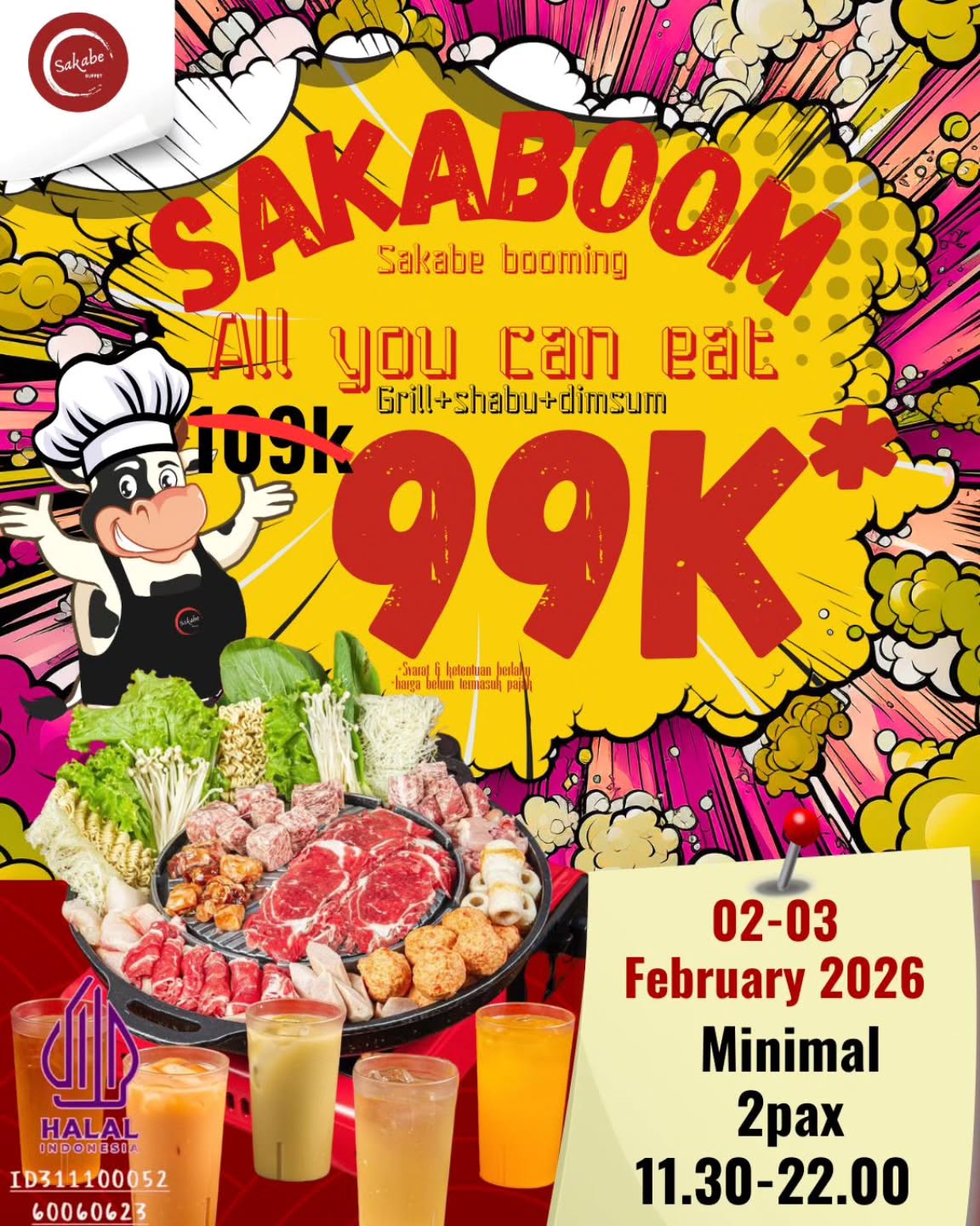 Promo Sakabe Buffet Sakaboom All You Can Eat Rp99.000 Berlaku 2–3 Februari 2026