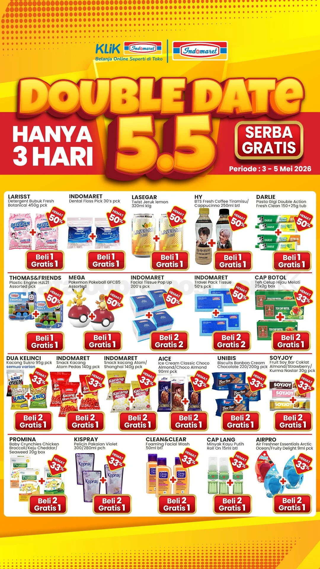 Indomaret Double Date 5.5: Borong Produk Pilihan, Beli 1 Gratis 1!