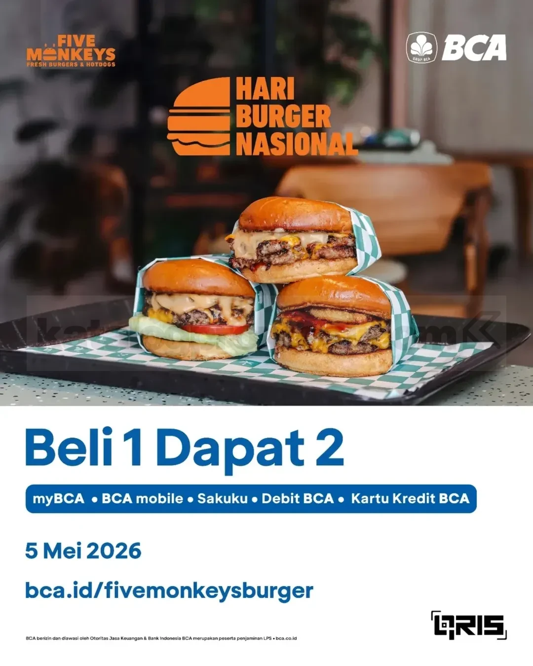 Promo BCA: Beli 1 Gratis 1 Burger & Hotdog di Five Monkeys