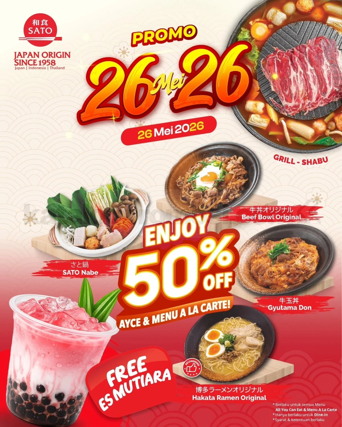 Promo Besar Washoku Sato 26 Mei 2026: Diskon 50% AYCE & Ala Carte!