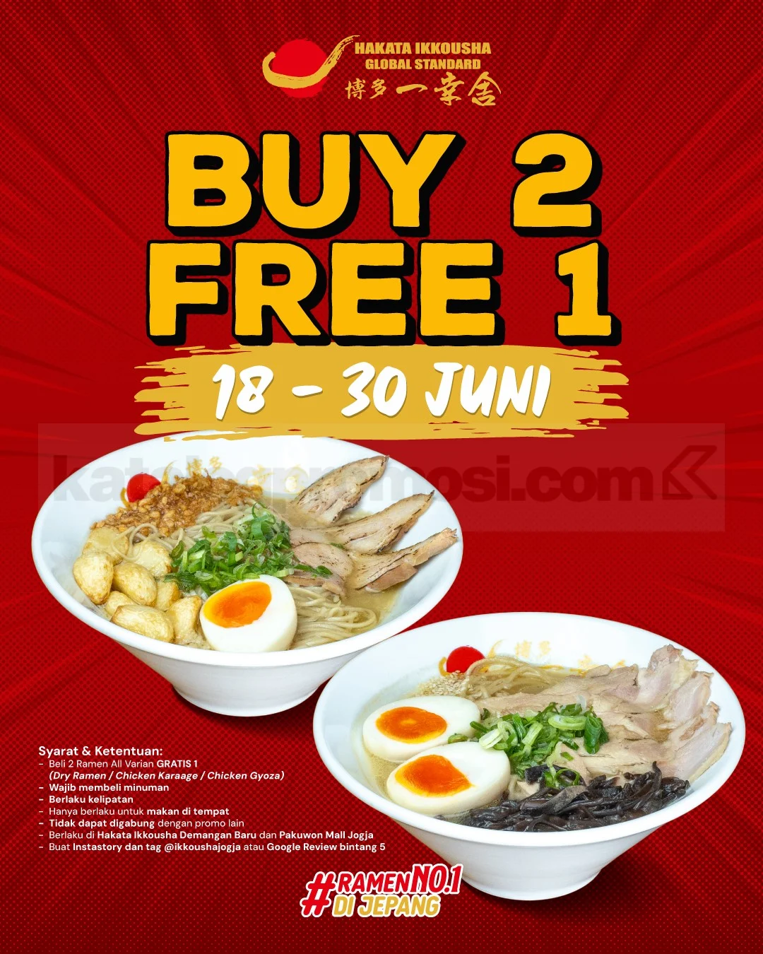 Hakata Ikkousha: Beli 2 Gratis 1 Ramen & Side Dish Hingga 30 Juni 2026