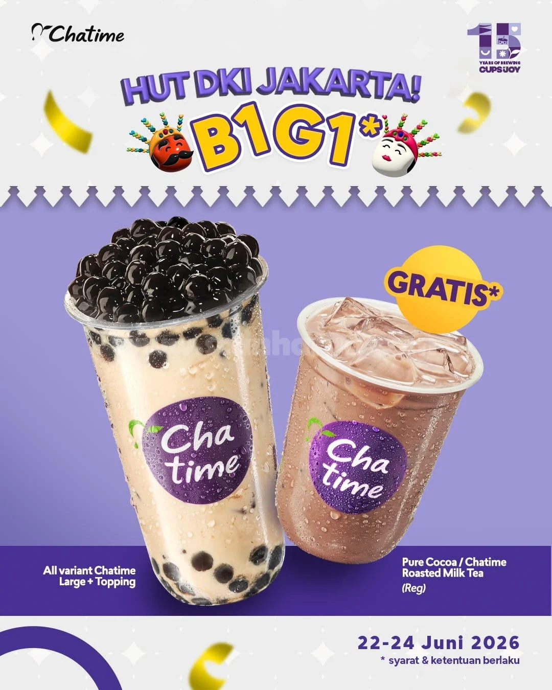 Promo Chatime HUT Jakarta ke-499: Beli 1 Gratis 1 Minuman Spesial