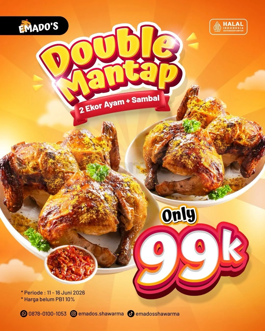 Promo Emado's: 2 Ekor Ayam & Sambal Rp 99.000
