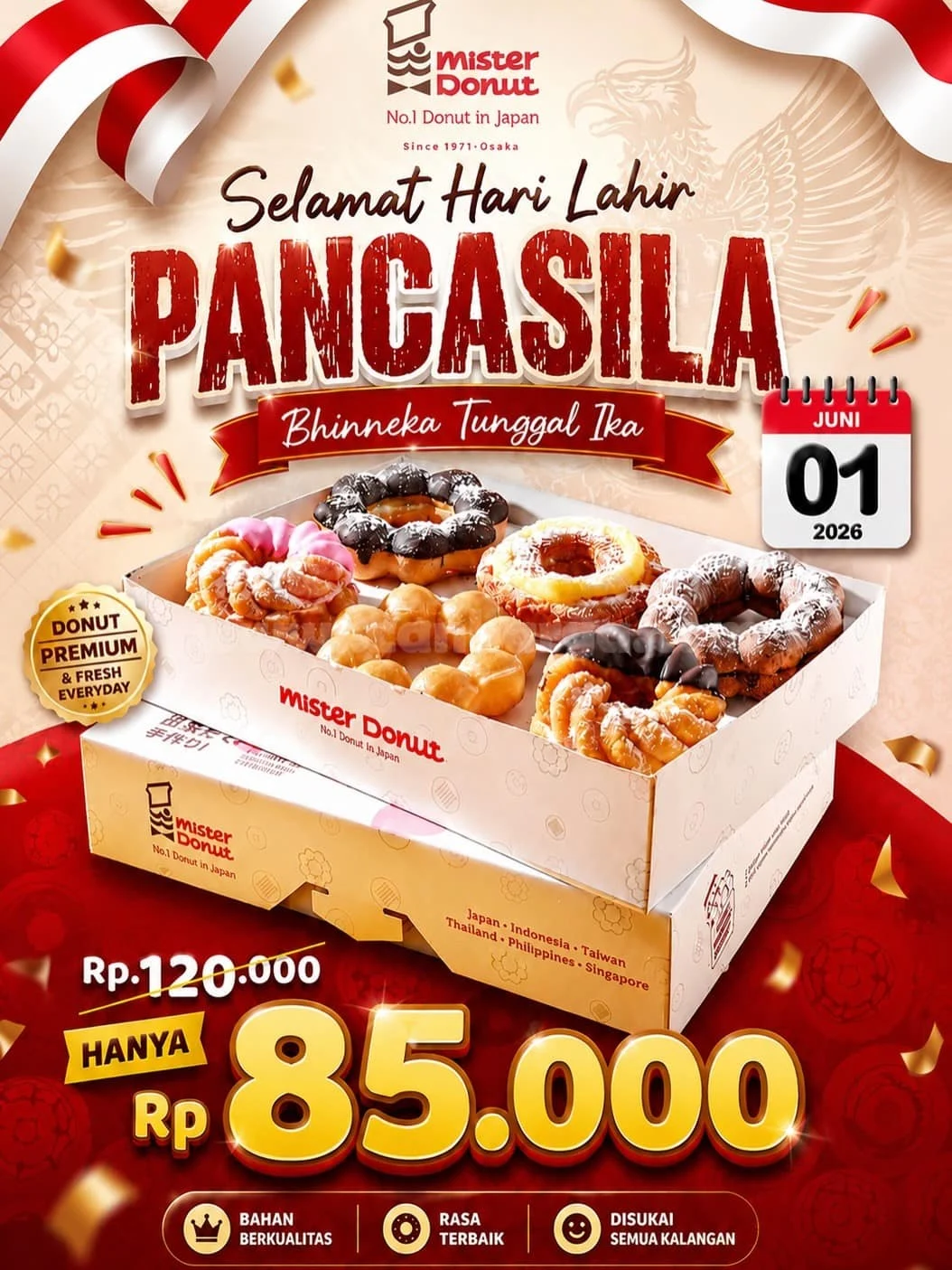 Promo Mister Donut: 1 Dozen Rp 85.000 Rayakan Pancasila