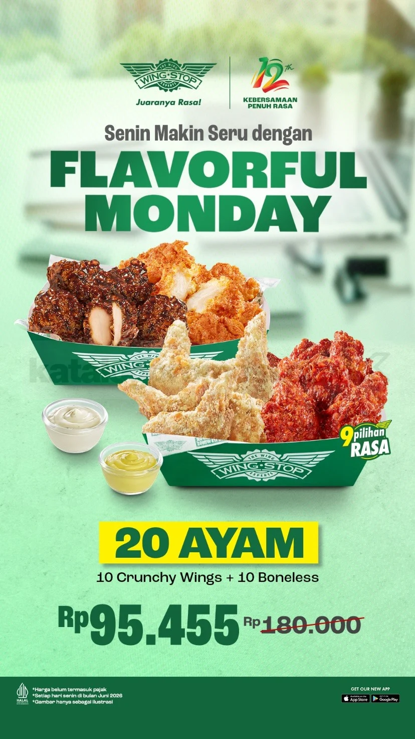 Promo Wingstop: 20 Ayam Rp 95 Ribu Tiap Senin Juni 2026!