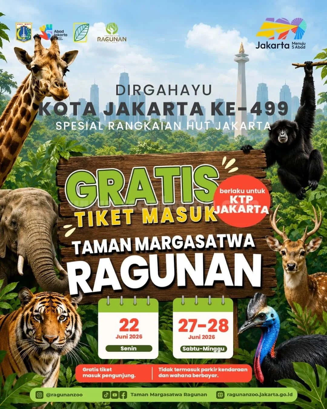 Ragunan Gratis Tiket HUT Jakarta ke-499 untuk Warga DKI