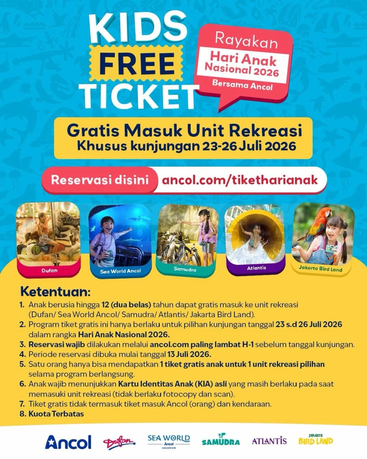 Ancol Hadiahkan Tiket Gratis Anak di Hari Anak Nasional 2026