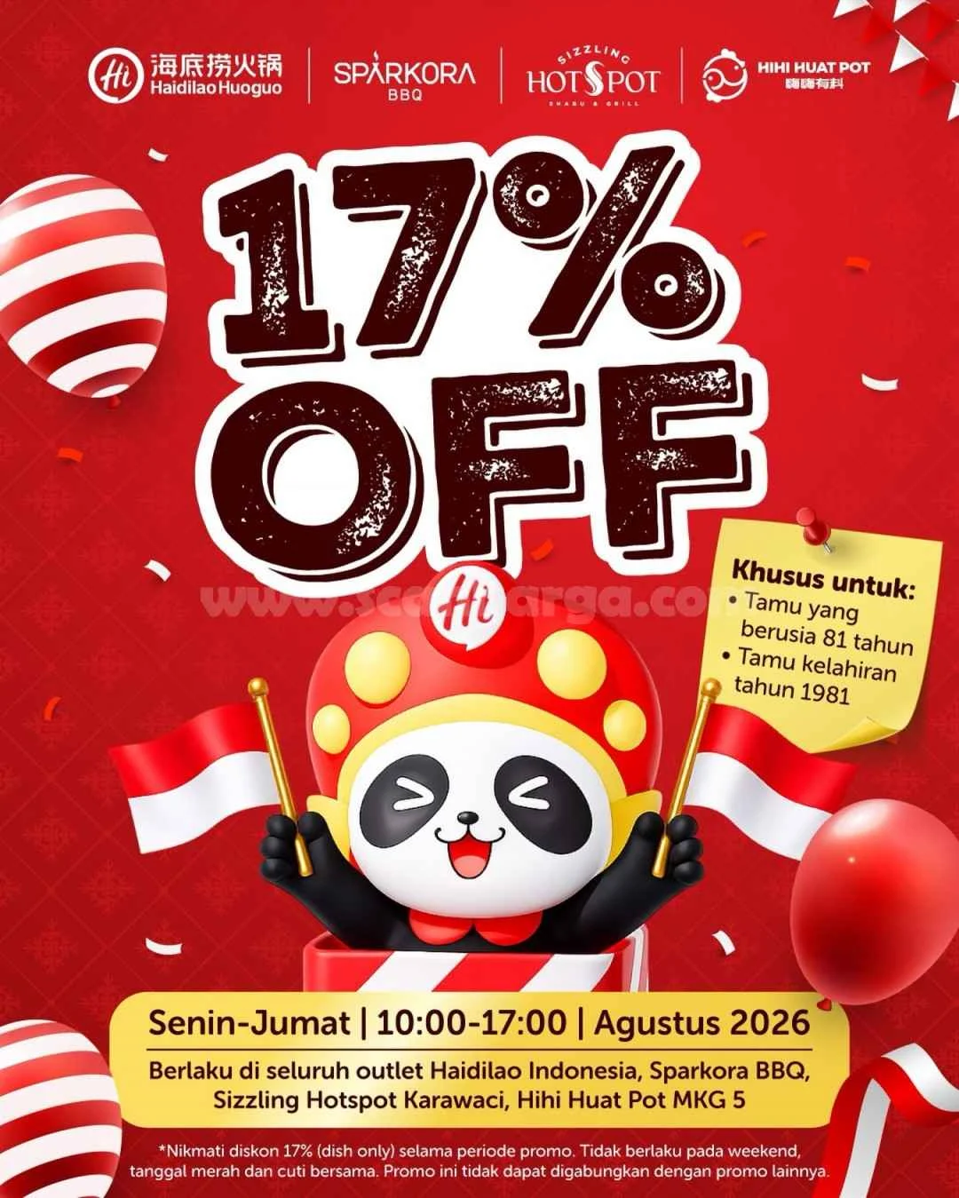 Haidilao Diskon 17% Spesial HUT RI, Khusus Kelahiran 1981