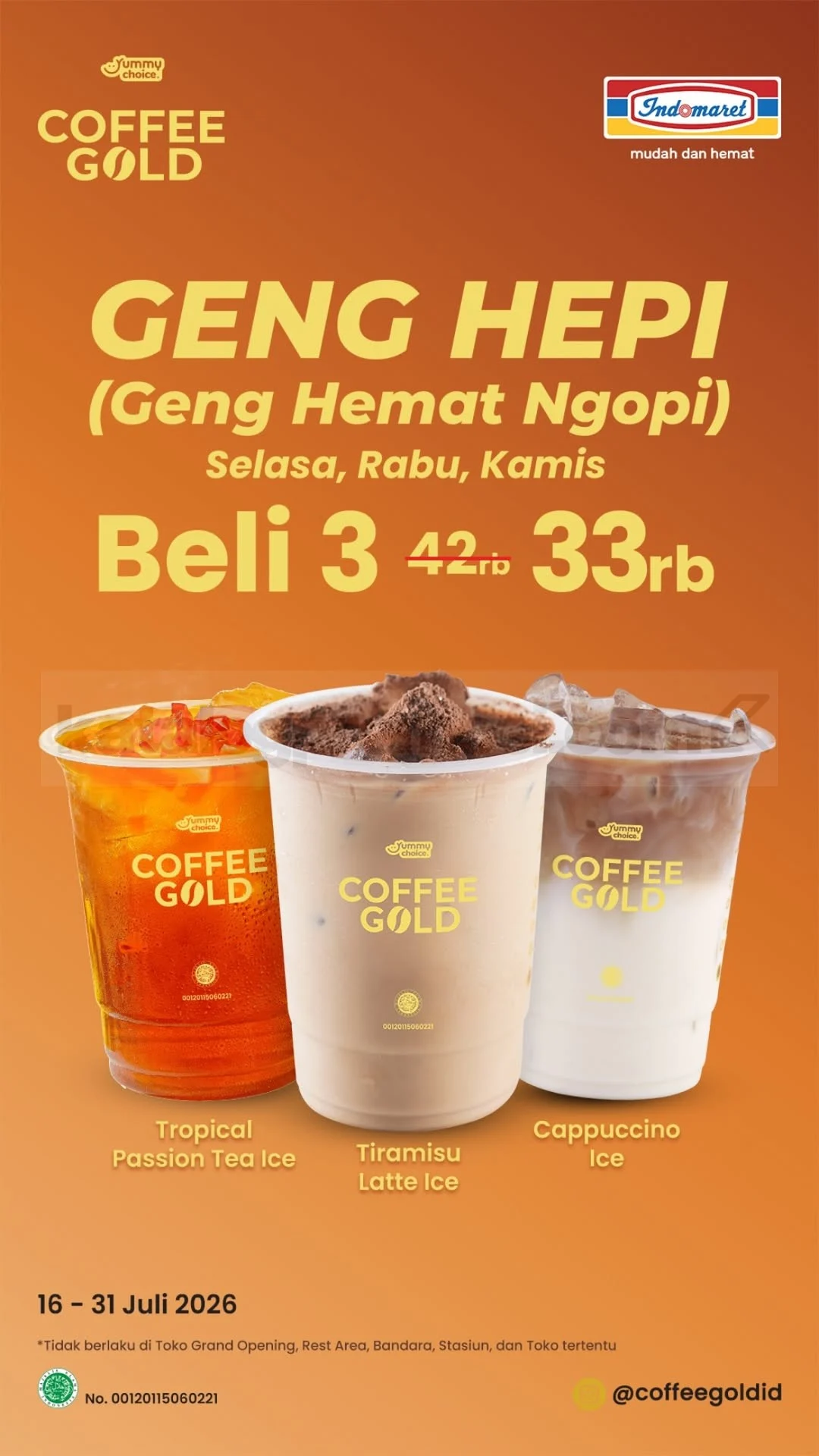 Promo Indomaret: 3 Kopi Gold Geng Hepi Rp 33.000!