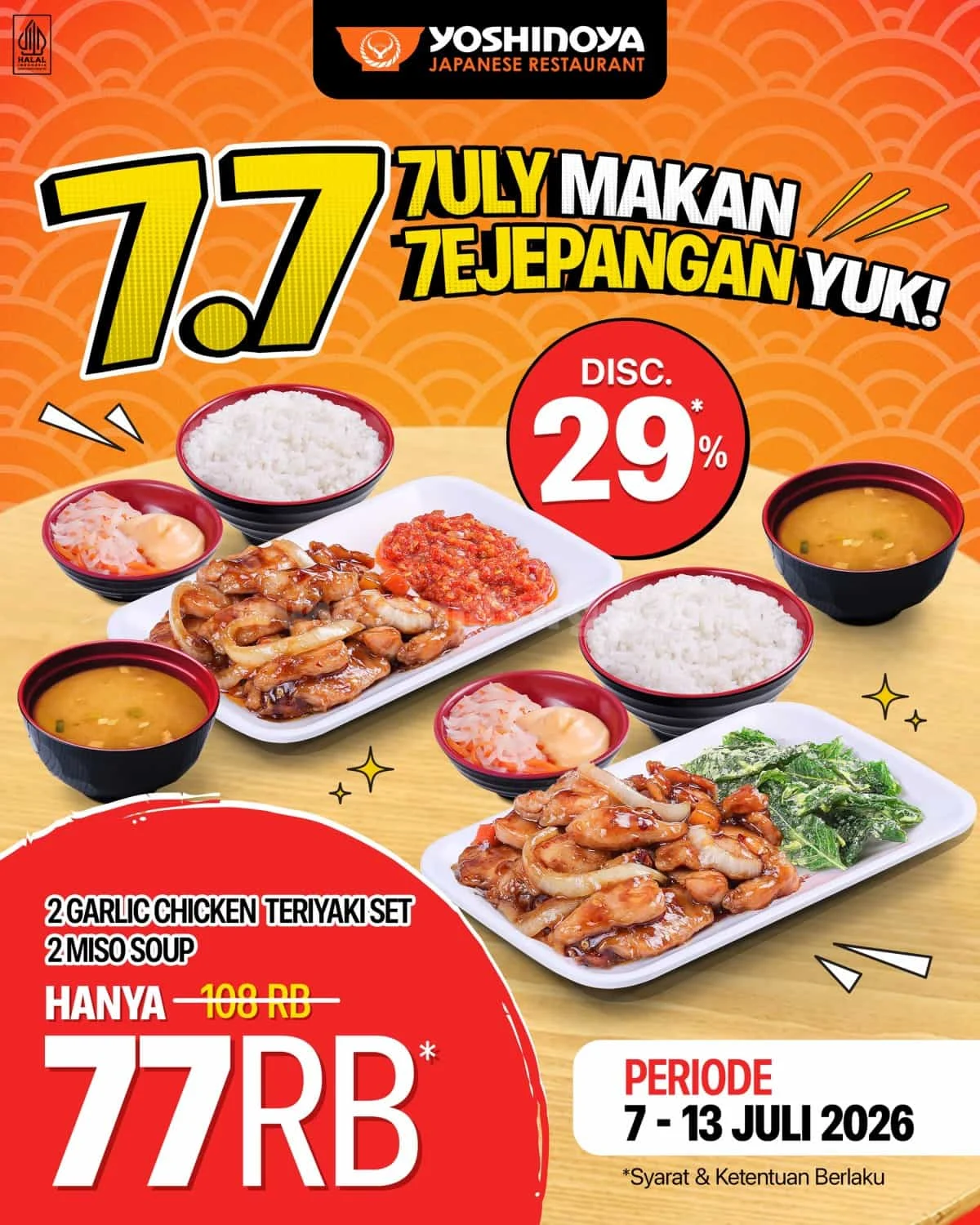 Promo Yoshinoya 7.7: Nikmati 2 Garlic Chicken & Miso Soup Rp 77.000