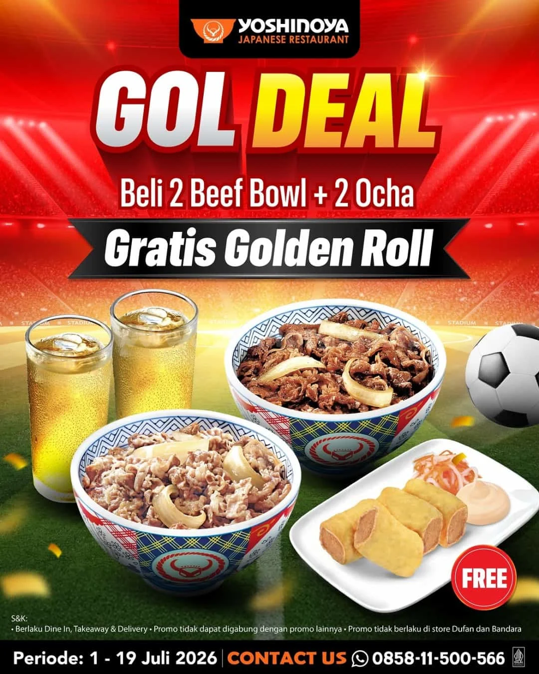 Promo Yoshinoya: GOL DEAL Pesta Bola, Nikmati Golden Roll Gratis!