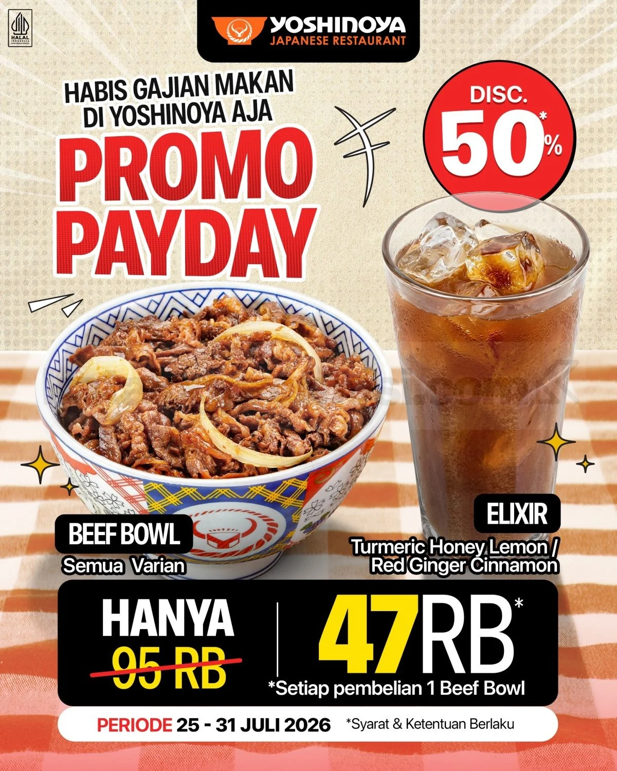 Yoshinoya: Payday Hemat 50% Beef Bowl & Elixir Juli 2026!