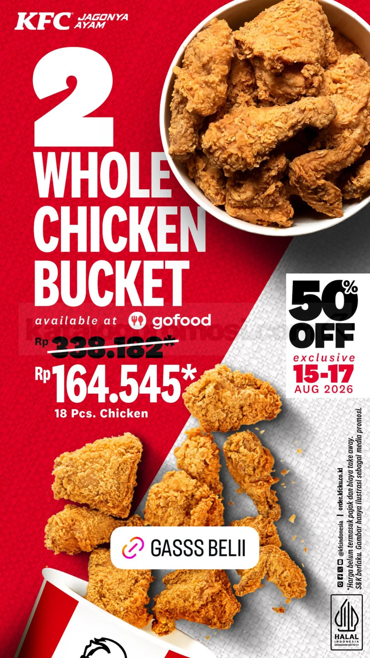 KFC GoFood Tawarkan 2 Bucket Ayam Diskon 50% Merdeka