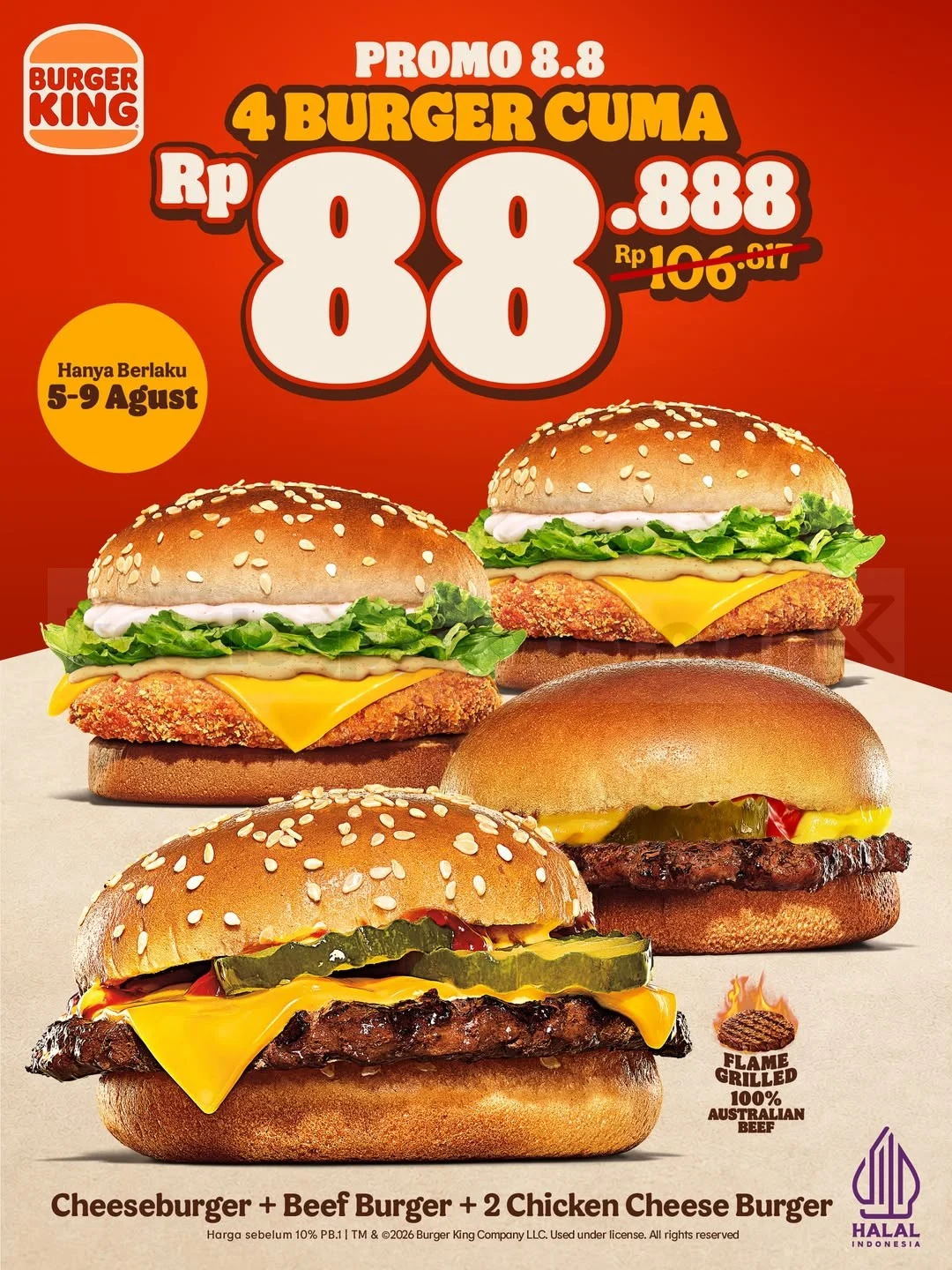 Promo Burger King 8.8: 4 Burger Rp 88.888, Serbu 5-9 Agustus!