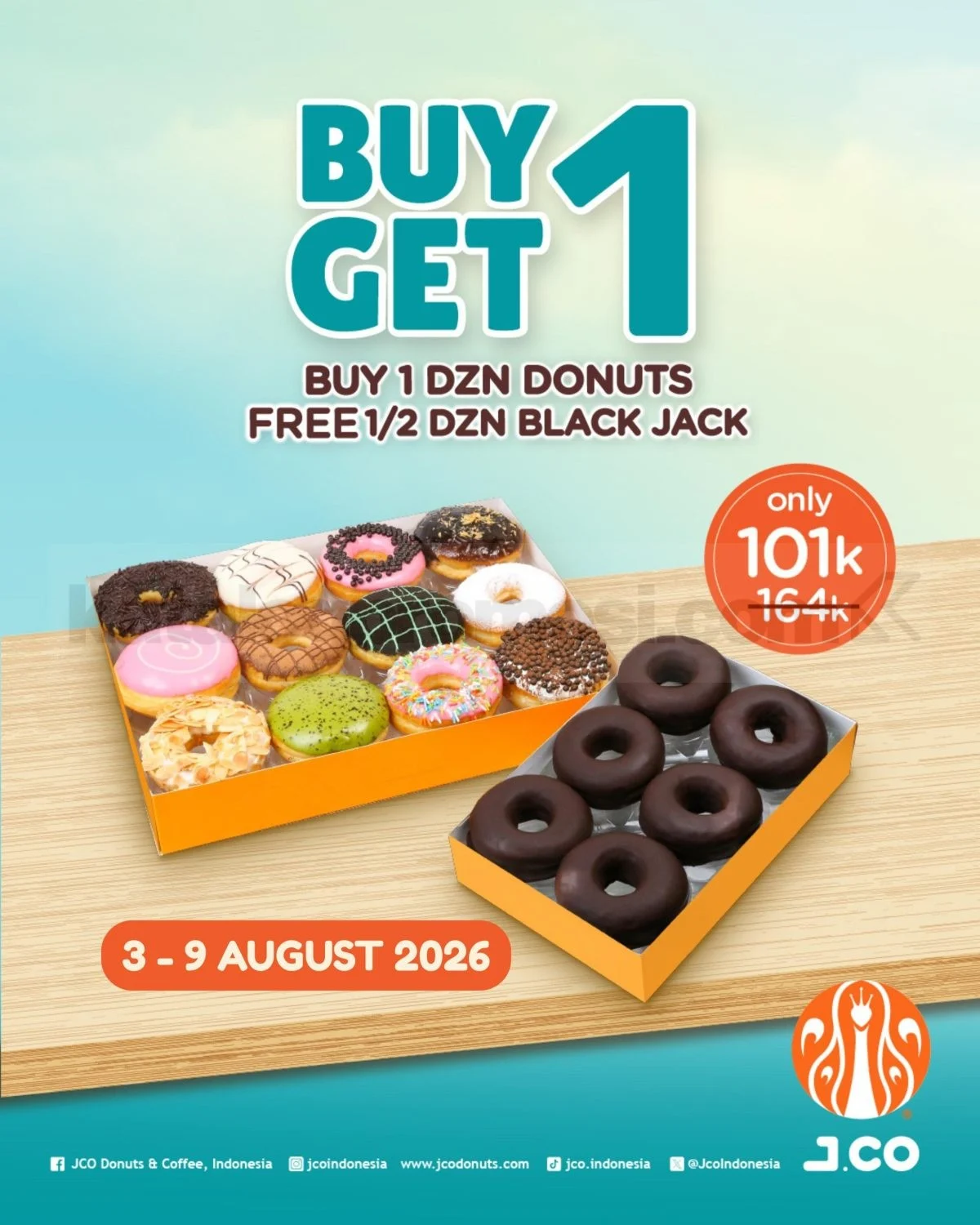 Promo JCO: 1 Lusin Donat Rp 101rb + Gratis 1/2 Lusin Black Jack!