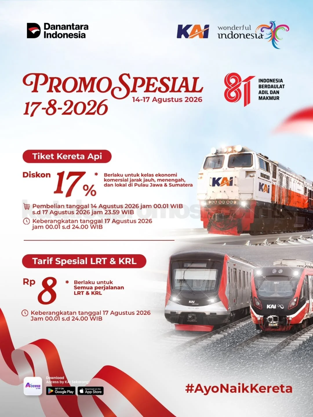 Promo KAI HUT 81 RI: Diskon 17% Tiket Kereta, KRL & LRT Rp8