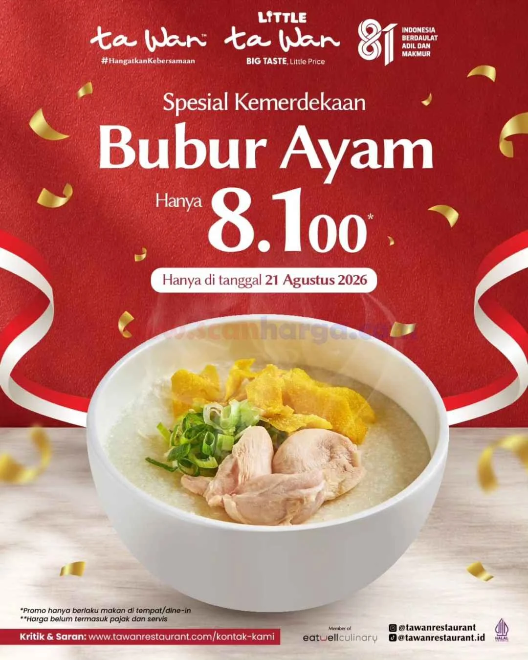 Promo Ta Wan: Bubur Ayam Merdeka Rp8.100 Hanya 21 Agustus