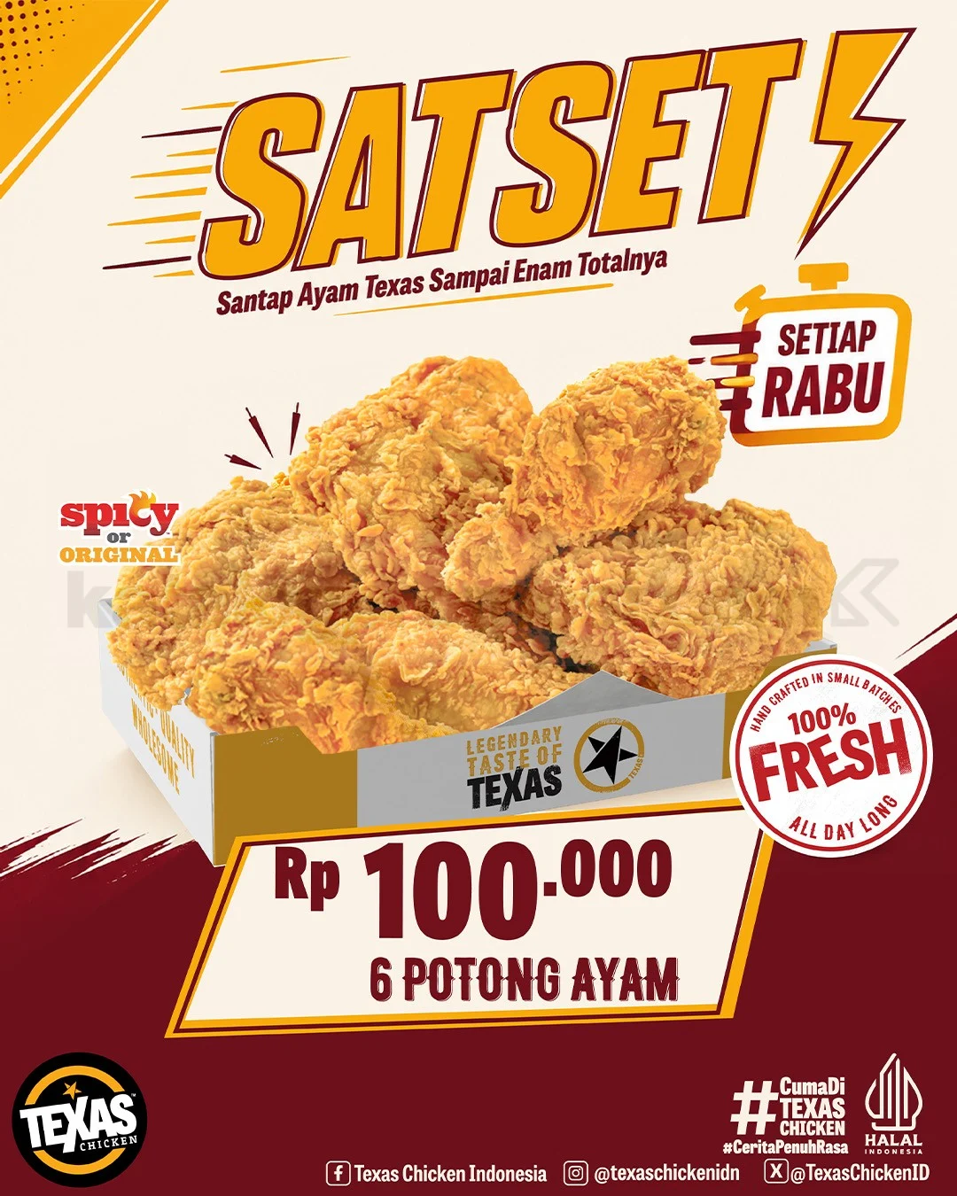 Texas Chicken: Paket Ayam SATSET 6 pcs Rp100rb Tiap Rabu