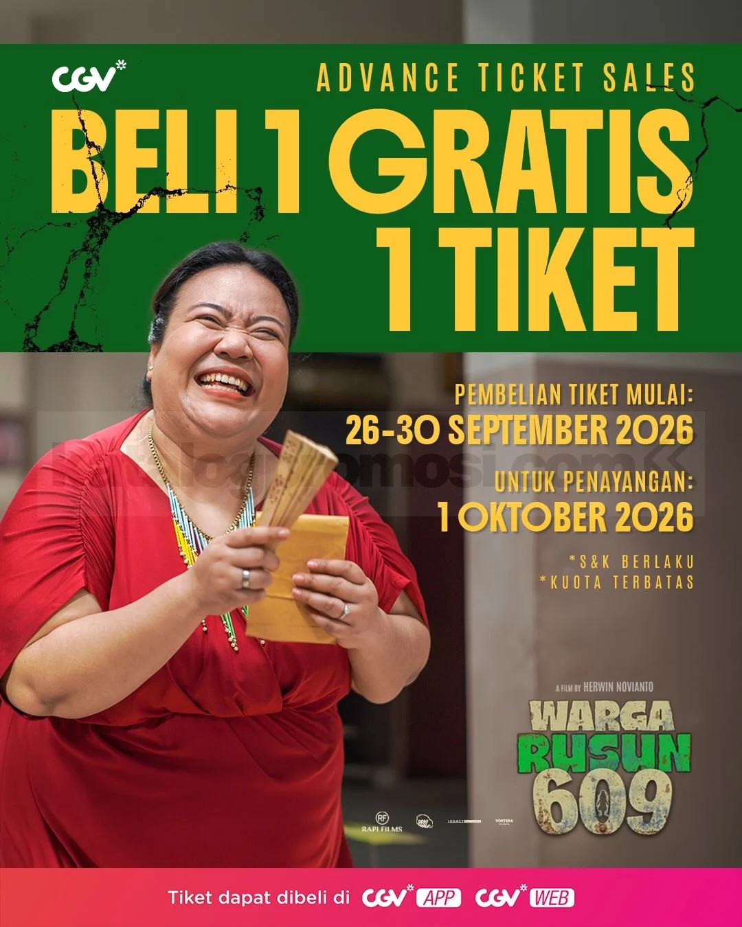 CGV: Beli 1 Gratis 1 Tiket Warga Rusun 609, Bonus Cashback!