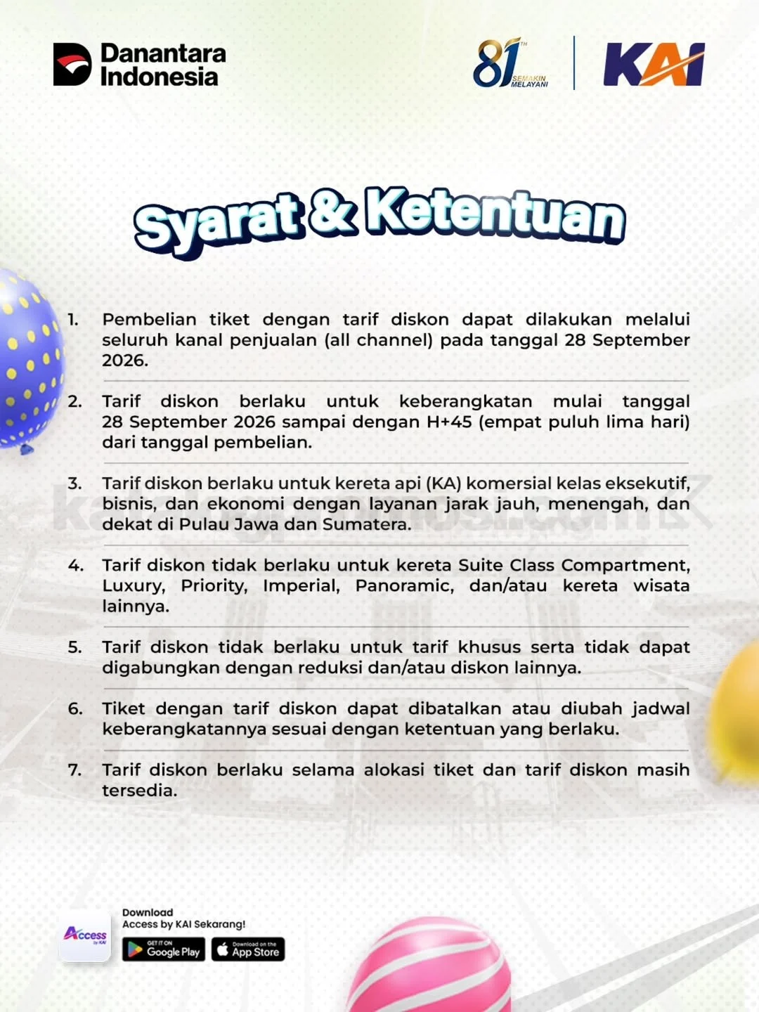 KAI HUT Ke-81: Tiket Kereta Cukup Bayar 81%