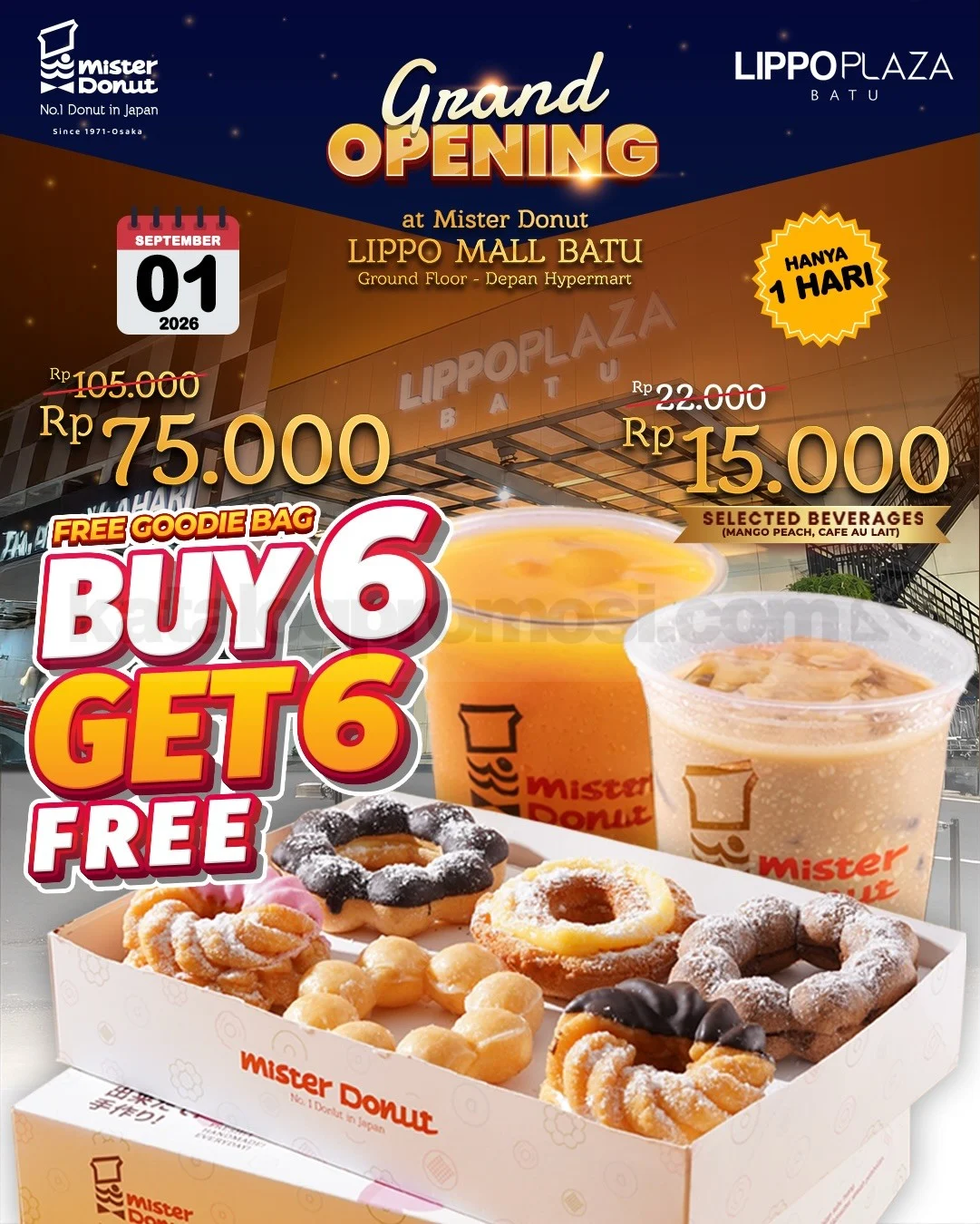 Mister Donut Lippo Mall Batu: Beli 6 Gratis 6 & Minuman Rp15.000