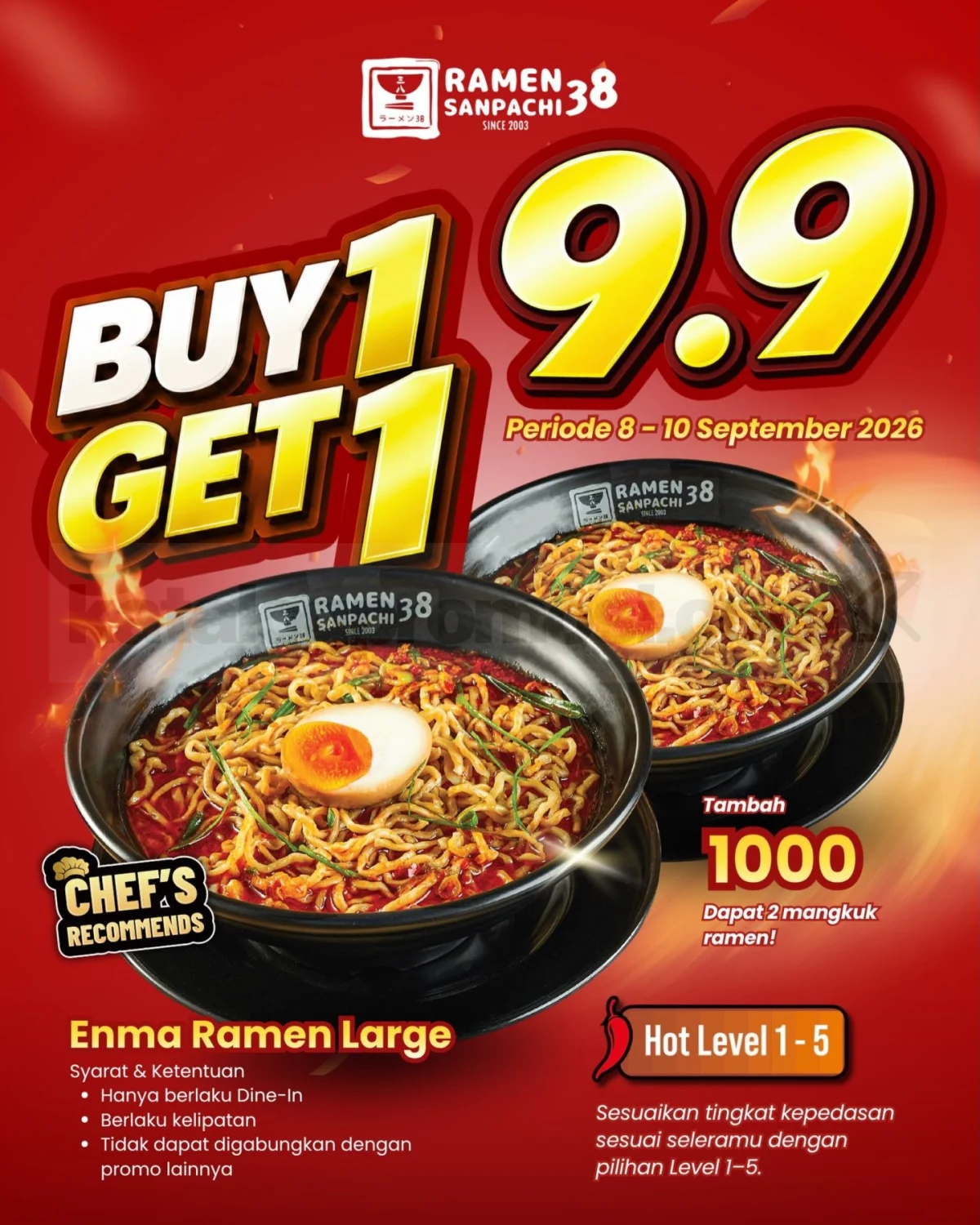 Promo Ramen 38 Sanpachi: 2 Ramen Hanya Rp 1.000!