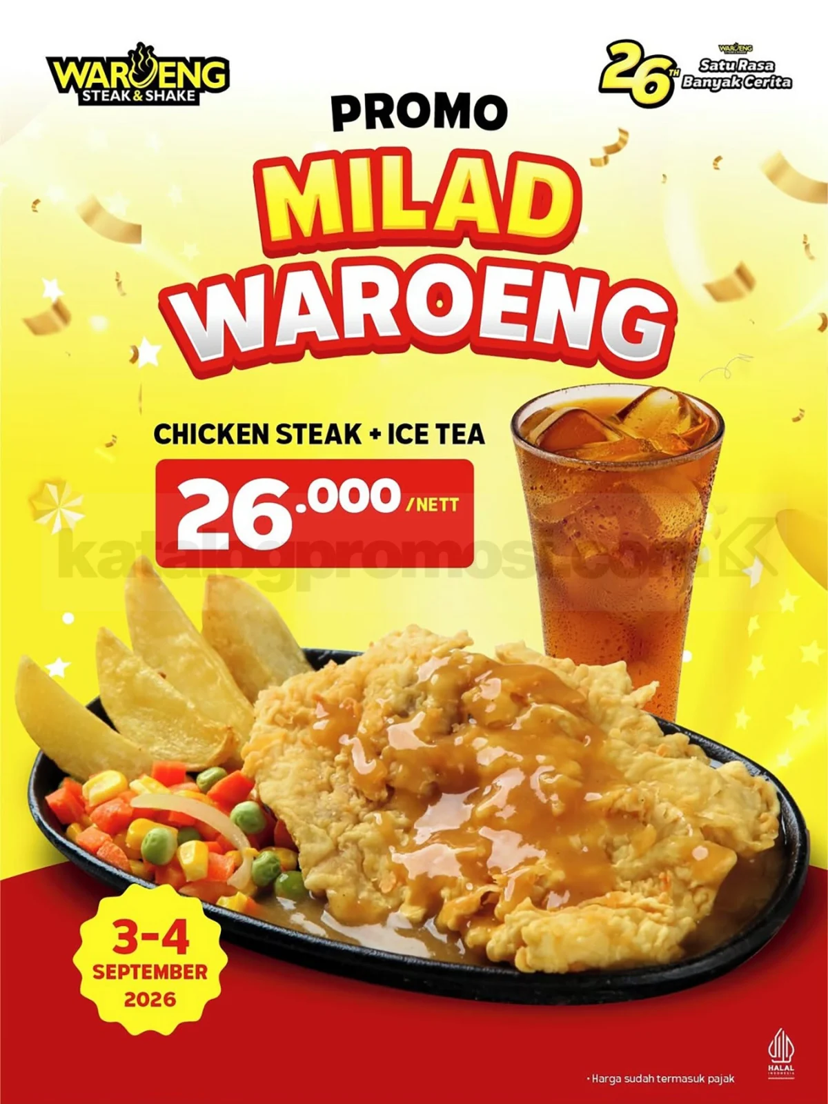 Promo Waroeng Steak: Milad ke-26, Steak + Es Teh Rp 26.000