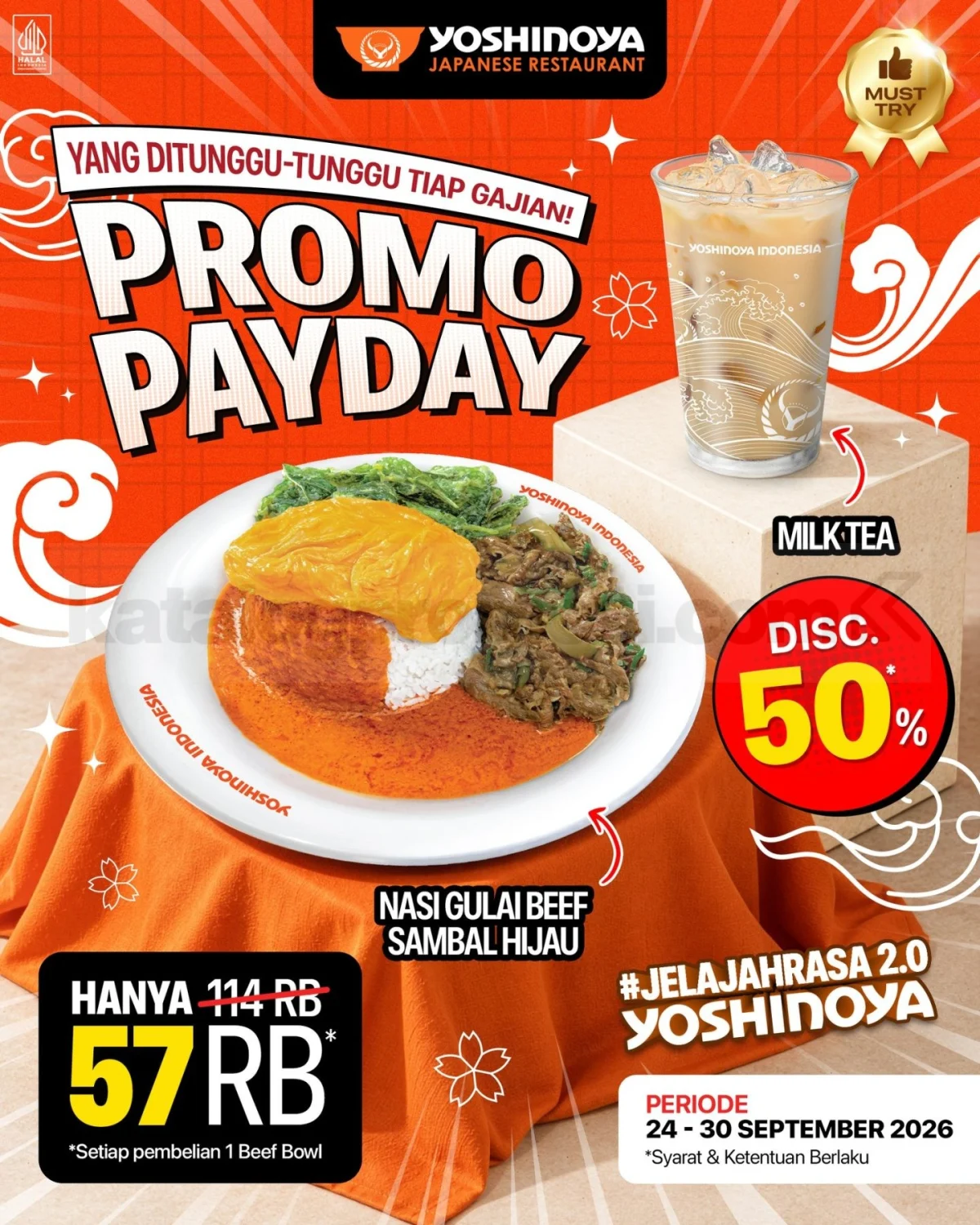 Yoshinoya Payday: Nasi Gulai Beef & Milk Tea Diskon 50%