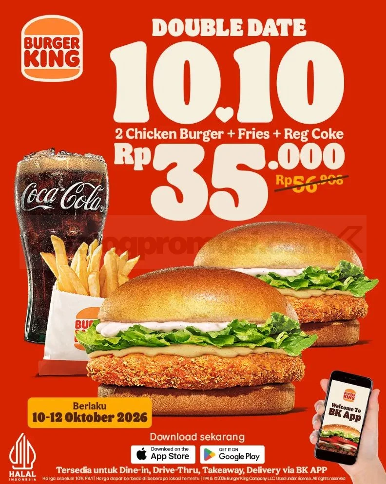 Promo Burger King 10.10: 2 Burger, Fries & Coke Hanya Rp35.000!