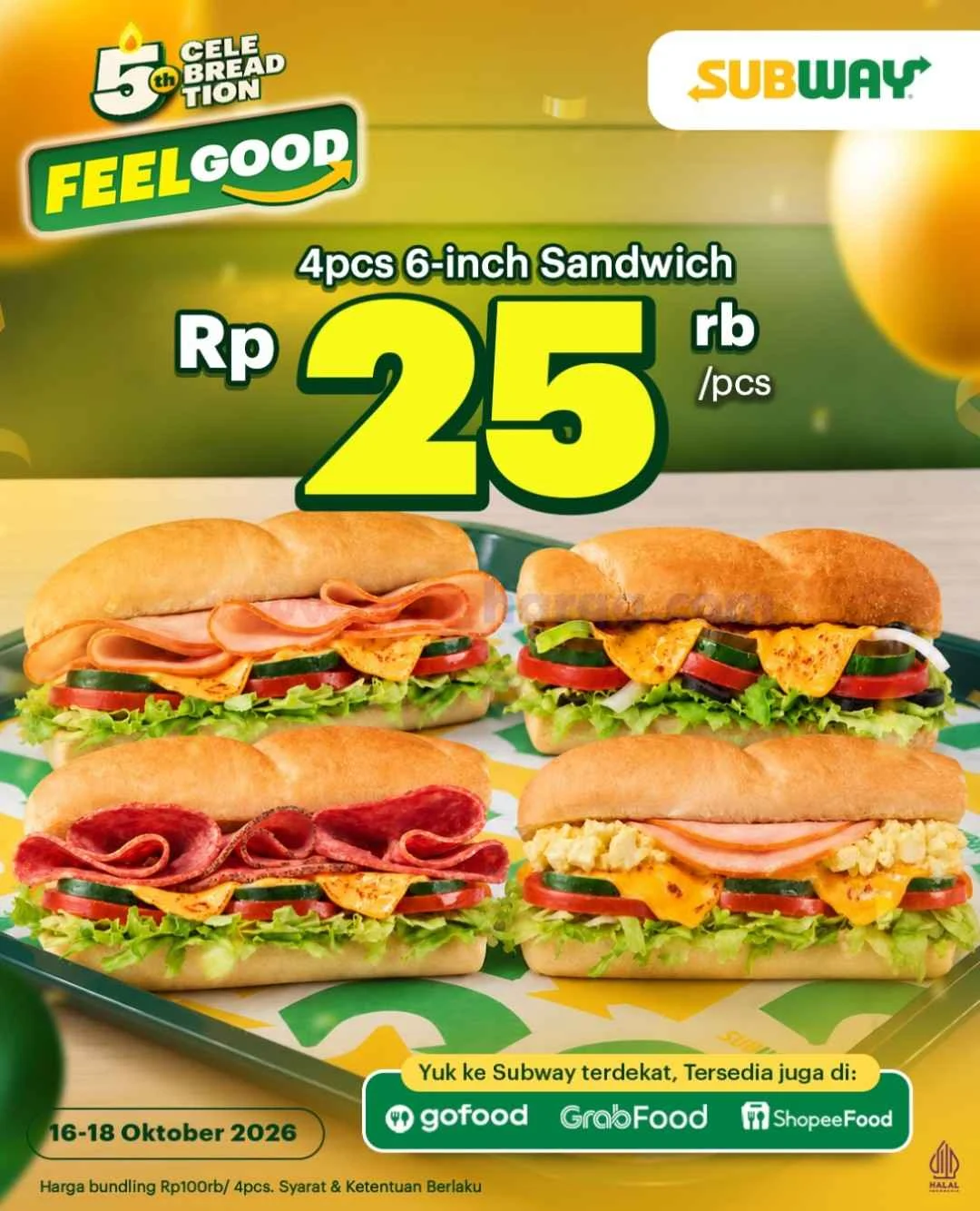 Promo Subway: Sandwich 6-Inch Spesial Anniversary Cuma Rp25.000!